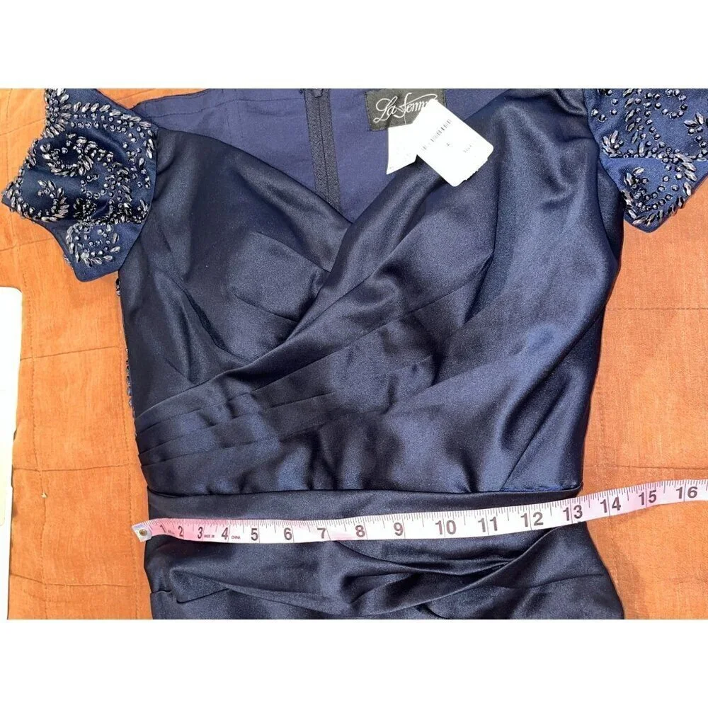 NWT La Femme Off the Shoulder Beaded Satin Trumpet Gown In Navy Size  Women's Si